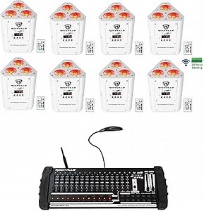 Rockville RockWedge Bundle: (8) LED RGBWA+UV Rechargeable Wireless White Wash DJ Up-Lights, ROCKFORCE W4 384 Channel Wireless DMX Lighting Controller with MIDI, 9-Items