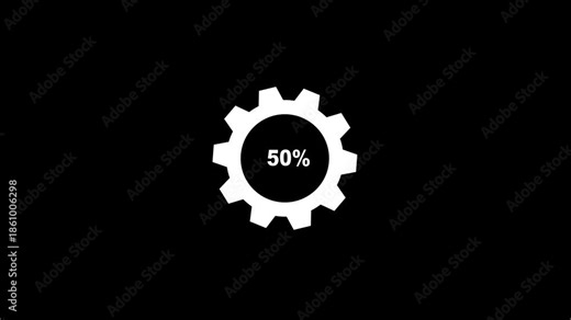 Rotating black gear loading animation from 0 to 100 percent on white background in 4K