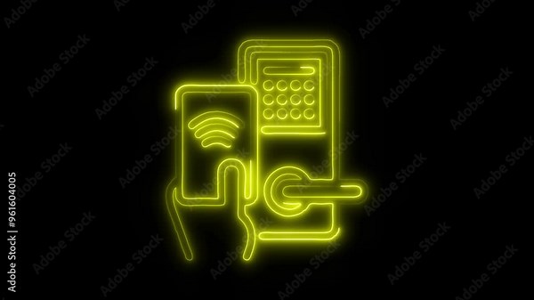 Neon Smart Lock Icon Video HD - Glowing Smartphone Wireless Access Control System for Door Locking on Black Background