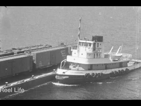 1961, A visit to the bridge operators cabin, tug & barge, Kelowna Floating Bridge, Kelowna, BC