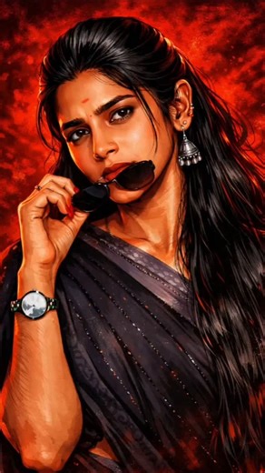 𝒮𝑜𝓌𝓂𝒾🦋 on Instagram: "Prompt:Create a cinematic digital illustration of the person in the reference photo. Maintain the exact face identity, hairstyle, expression, skin tone, and pose with zero distortion. Transform the entire scene into a deep red high-contrast Tamil gangster movie poster style. Replace the background with red gradients, a smoky atmosphere, and subtle textures. Add bold comic-book shading, thick outlines, strong black shadows, and glossy highlights on the skin and clothes