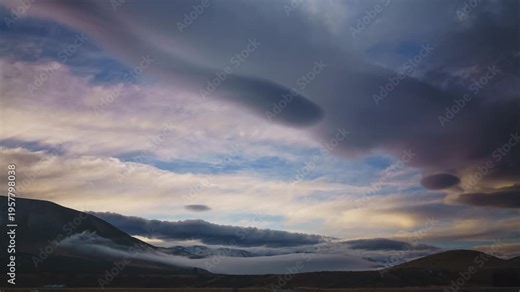 Timelapse of Dramatic Lenticular Clouds Over Ben Ohau Range with Rolling Mist in the Mackenzie Basin New Zealand