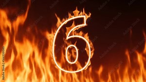 Number six illuminated in fiery flames with dynamic glowing outline in dark background