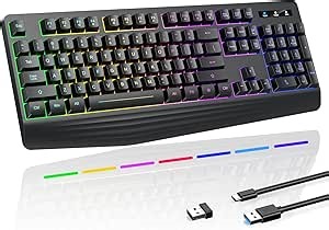 Wireless Gaming Keyboard, RGB & Single-Color Backlit, Full-Size Waterproof Computer Keyboard, Silent Keys, Wrist Rest, Sleep Mode, Rechargeable 2.4G Wireless Keyboardfor Windows, Mac, PC, Laptop