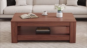 LKTART 43.3" Coffee Table with Storage, 2-Tier Mid Century Rectangular Accent Table with Thick Tabletop, Rustic Style Cocktail, Center Table for Living Room, Office, Apartment (Walnut)