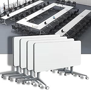 Conference Room Table,Foldable Flip Top Mobile Training Table,Modern Rectangle Meeting Seminar Tables with Silent Wheels Waterproof Desktop for Office Conference Room Classroom (2Pcs 70.8in)