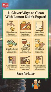 11 Clever Ways to Clean With Lemon You Didn’t Expect! 🍋✨ Fresh, citrusy, and surprisingly powerful—lemons do more than flavor your water. Here are 11 smart hacks hiding in your fruit bowl: 🍋 Shine Faucets Rub half a lemon directly on taps. The citric acid breaks down limescale, leaving chrome streak-free and glossy. Rinse with warm water and buff dry. 🧼 Cutting Board Rescue Sprinkle coarse salt on the board, scrub with a lemon half. Salt scrubs away grit, lemon disinfects and deodorizes. Rins