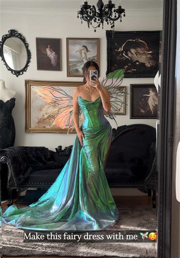 Make a fairy dress with me using iridescent organza 🧚🏻‍♀️Available for custom order in green or white 💚