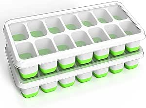 Ice Cube Tray, Silicone Ice Tray with Stackable and Spill-Resistant Lid, Easy Release Ice Cube Trays for Freezer, BPA Free Reusable Ice Trays for DIY Flavor (2 Green)