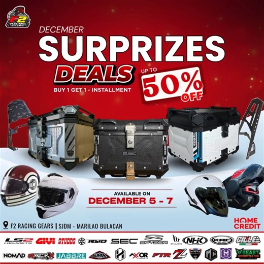 Ready ka na ba sa pinakahihintay na 𝐁𝐈𝐆𝐆𝐄𝐒𝐓 𝐒𝐀𝐋𝐄 ng taon? Before 2025 ends, Lets G na sa SurPRIZES DEALS. Get your favorite items with 𝑼𝑷 𝑻𝑶 50% 𝑶𝑭𝑭! 🔥😲 Gear Up with our 𝗕𝘂𝘆𝟭𝗚𝗲𝘁𝟭 and 𝗜𝗡𝗦𝗧𝗔𝗟𝗟𝗠𝗘𝗡𝗧 available in any of our branches! Marami kang options dito from varieties of brands 💥 HELMETS 💥 MOTOBOX 💥 ALLOY BOX 💥 BRACKETS 💥 INTERCOMS 💥 JACKETS 💥 RAINCOATS 💥 GEARS & ACCESSORIES All of these pwede sa 𝗭𝗘𝗥𝗢 𝗗𝗼𝘄𝗻𝗽𝗮𝘆𝗺𝗲𝗻𝘁 & 𝟬% 𝗜𝗻𝘁𝗲𝗿𝗲𝘀�