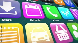 Video animation of a smartphone screen with some scrolling phone applications. Moving background.