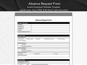 Absence Request Form Template Editable and Printable | HR Professionals Templates | Human Resource | Employee Time-off and Attendance - Etsy