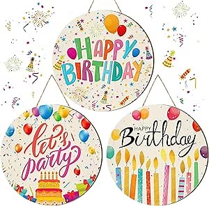 3 Pcs 12 Inch Happy Birthday Wooden Sign Round Wooden Hanging Signs Vintage Rustic Birthday Party Door Decoration for Bedroom Living Room Baby Shower Party Supplies
