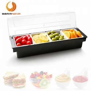 BEAMNOVA Chilled Condiment Server with Lid, 4 Tray Ice Chilled Fruit Salad Garnish Condiment Caddy Containers for Bar, Serving and Dishes (1 Pack)