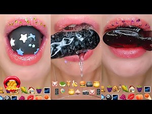 Satisfying ASMR Eating Black Food Emoji Challenge 🎱📷🖤⚫