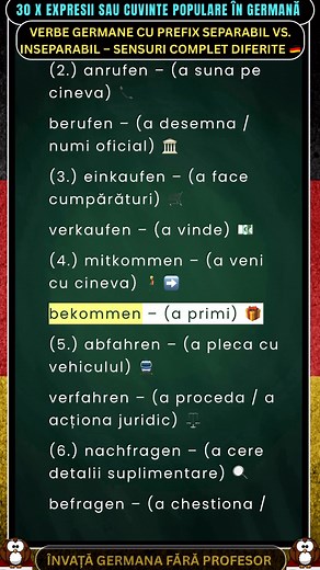 19K views · 551 reactions |  30 x Verbe germane cu prefix separabil vs. inseparabil – sensuri complet diferite . Aceste perechi sunt extrem de înșelătoare: același verb + alt prefix = sens complet nou.Perfecte pentru nivel B1–C1. #VerbeGermană #PrefixeGermană #DeutschLernen #GermanăUșor #ConfuziiGermană | Învață Germană fără Profesor | Facebook