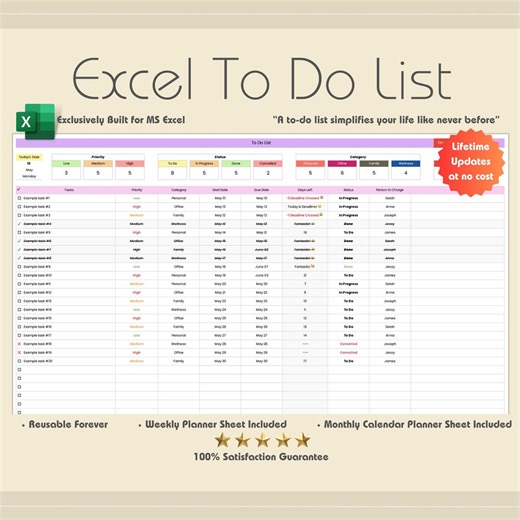 Simple to Do List Template for Excel Only | Add Tasks Daily, Weekly, Monthly Planner - Etsy