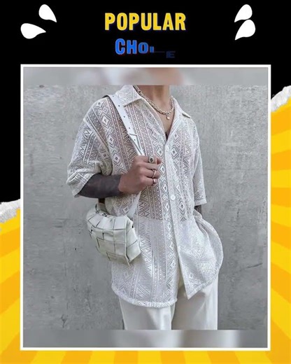2023 Fashion Men Shirt Mesh Lace Transparent Streetwear Lapel Short Sleeve Button Camisas Party S...