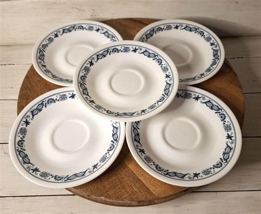 Vintage Corning Corelle Old Town Blue Saucers, Set of 5, 1970s Blue and White Corelle Dishes