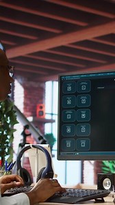 Vertical Student at home using AI LLM chatbot software to get help with solving homework. Girl requesting help from large language model program on computer device to do tasks, camera A