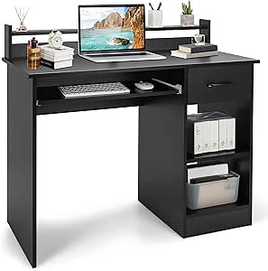 Tangkula Computer Desk with Drawer & Keyboard Tray, 22 Inch Wide Modern Study Writing Desk with Desktop Hutch & Storage Shelves, Home Office Desk for Kids, Wood PC Laptop Desk, Desk for Bedroom