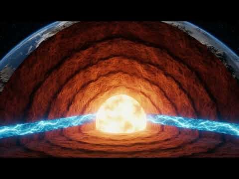 3D animation of a glowing blue layer deep inside a cross-section of Earth.