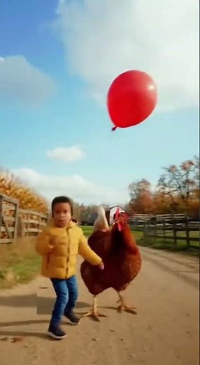 Chicken hates balloons — kid holds balloon and runs for life! #chickencomedy #freerangechickens