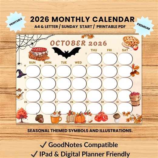 October 2026 Printable Calendar Horizontal Monthly Calendar October 2026 Planner Sunday Start Letter Seasonal Calendar Instant Download - Etsy Australia