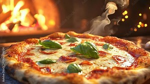 Steaming hot freshly baked pizza with cheese, salami and green basil close-up against the background of a burning fire in the oven, advertising for a pizzeria