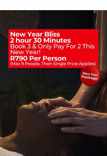 Book for 3 and only pay for 2 this New Year! 🎉 Step into 2026 with balance, relaxation, and a radiant glow. Unwind together with New Year Bliss, 2h30mins of deep calm and connection — Offer valid until 31st January 🩵 New Year Bliss – 2h30mins What’s Included: • Full Body Swedish Massage • Pressure Point Foot Massage – 15 mins • Head & Neck Massage – 15 mins • Pampering Pedicure • Callus Treatment • Hand Treatment – Soak, Scrub & Massage – 15 mins Price: R790 Per Person 🎉 Book for 3 & Only Pay