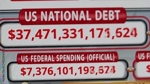 Running Total Display Showing Current United States Gross National Debt. USA National Debt Counter, Increasing Number of Unprecedented State Debt of United States of America, Close-up Footage.