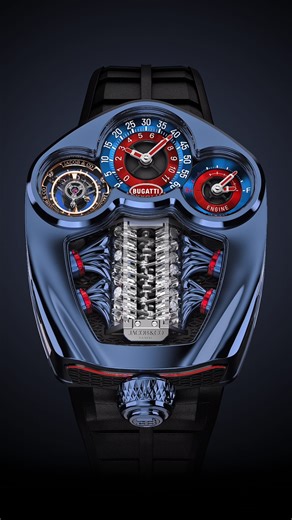 JACOB & CO. on Instagram: "x @Bugatti The art of precision meets the thrill of speed. The Jacob & Co. Bugatti Tourbillon is a true reflection of our unparalleled partnership with @Bugatti. Featuring intricate components and a flying tourbillon, this masterpiece embodies the essence of extreme luxury and mechanical brilliance. 52 x 44-mm blue DLC titanium case V16 engine block automaton 30-second flying tourbillon Twin power reserve Jumping retrograde hours and retrograde minutes #JacobAndCo #Ins