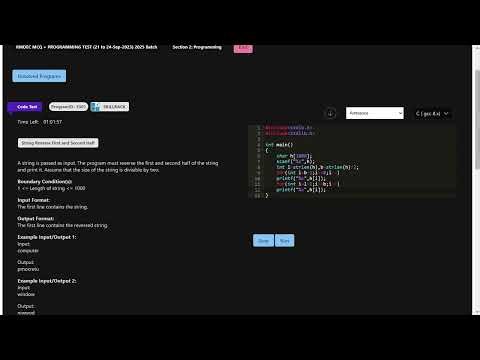 SKILLRACK | MCQ + PROGRAMMING TEST | STRING REVERSE FIRST AND SECOND HALF | PROGRAM ID 5301 | C ||