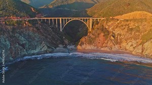 Drone footage of aesthetic designed Bixby Creek Bridge,an arch bridge on Big Sur coast of California