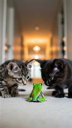 Cutest Encounter 🐸🐱 A kitten meets a tiny hopping frog! #cats #ai #shorts #frog