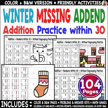 Winter Addition Color Code Picture Missing Addend to 30 Holiday Math Coloring.