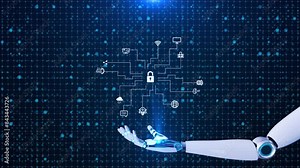 Robot hand safety security digital cyberspace Cyber security digital computer protection padlock symbol. Network, cyber technology hacking threats cyber attacks. cyber spying software technology.