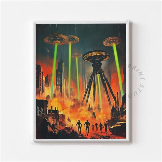Vintage Alien Invasion Printable Art - Retro Sci-fi Tripods Over City, Classic 1950s Pulp Horror, Dramatic Art, Digital Download 1259 - Etsy