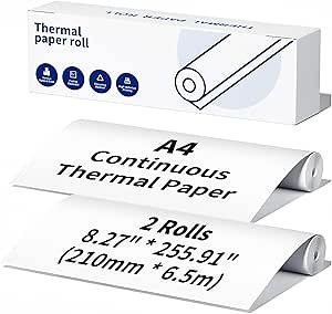 A4 Continuous Thermal Paper Roll - 8.27”/210mm Quick-Dry Printer Paper, Compatible with Phomemo M832 M831 M833 M834 M835 Printer for Documents Contracts, 255.91”/6.5m Long per Roll (2 Rolls in Total)