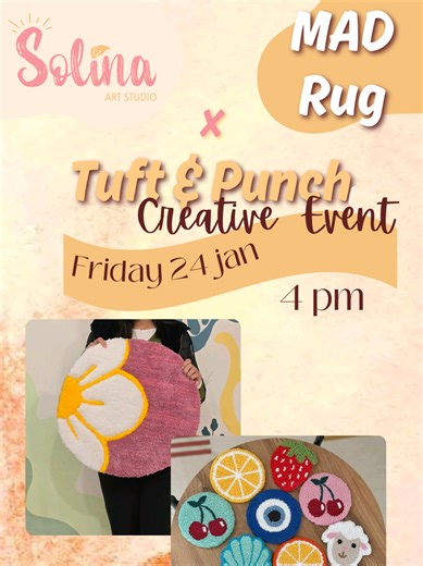 Tuft and Punch event ✨️ New year, same routine? Let’s change that! ✨ ​Join us for a day of art and vibes. We’re making Punch Needle Coasters and teaming up for a massive Tufting Rug project! 🧶🎨 ​Expect more than just crafting—we’ve got games, new connections, and secret surprises waiting for you! ;) ​📅 Friday, Jan 24th (4:00 PM – 8:00 PM) 📍 Solina Art Studio - Maadi 💸 Fee including allmaterials ​Spaces are limited! DM your Name & Number to book now. Let’s create! 🚀 #gamenight #weekendvibes