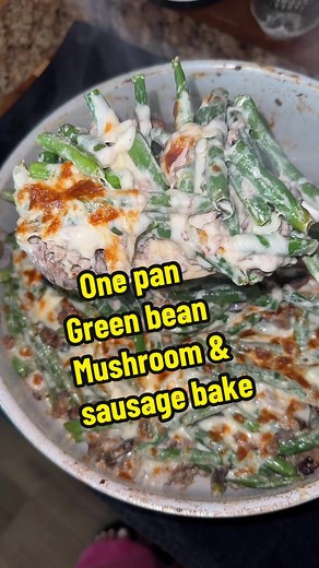 ✨GREEN BEAN, MUSHROOM & SAUSAGE BAKE✨RECIPE To a pan add butter sauté mushrooms, set aside , in the same pan cook your Natural sausage once cooked set aside lower the temp now add about 1/3 cup HWC & 4oz cream cheese might need to add a splash more of hwc , salt lots of black pepper, red chili flakes, garlic powder, mix together with wooden spoon, now fold in canned or fresh steamed green beans, add in your mushrooms & sausage, top with Monterey or pepper jack broil in oven or cover pan on stove
