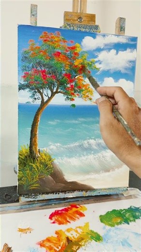 Painting Blooming Flowers on a Seaside Tree | Easy & Beautiful