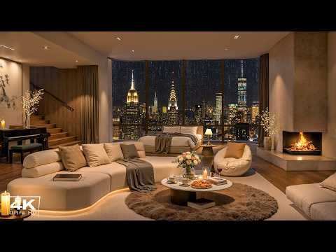 Rainy Night in NYC 🌧️ 4K Luxury Apartment with Elegant Jazz & Fireplace Sounds for Deep Sleep