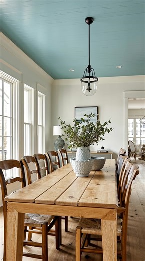 This dining room proves farmhouse doesn’t have to be predictable. Would you commit to this color overhead or not a chance? | Prime Real Estate Inc.
