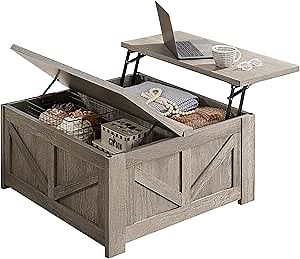 Yaheetech Lift Top Coffee Table, Square Farmhouse Coffee Table with Hidden Storage Compartment, Wood Center Table for Living Room, Home Office, Gray