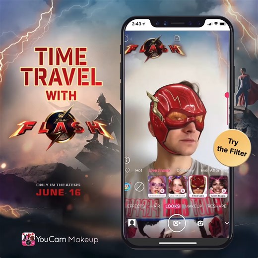 4.5K views · 147 reactions | What would you do if you could go back in time? Try the new YouCam Perfect filter effect featuring The Flash's iconic look and activate your time travel experience with a tap. #YouCamMakeup | Warner Bros. | Facebook