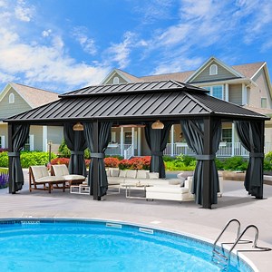 SANOPY 12x20ft Hardtop Gazebo with Galvanized Steel Double Roof with Netting and Curtains Aluminum Frame Outdoor Permanent Pavilion Hardtop Gazebo for Patio, Backyard, Deck, Lawns, Black