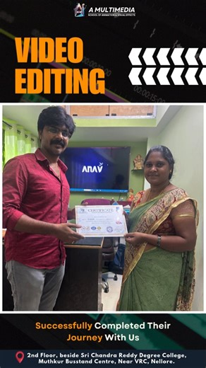 ✨ Congratulations, Suma! ✨ Proud to announce that Suma has successfully completed her Video Editing Course and received her certification. . . Join A Multimedia – School of Animation and master professional video editing skills from scratch. In today’s digital world, editing is not just a passion, it’s a Profession. With the right training and support, you can turn your creativity into income and settle in life with Confidence. Don’t wait for Opportunities – Create them . A Multimedia School of 