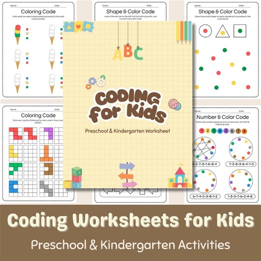Preschool Coding Worksheets | Color, Shapes, Numbers | Early Learning Printable (digital Download) - Etsy