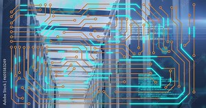 Animation of microprocessor connections and data processing against computer server room Stock Video